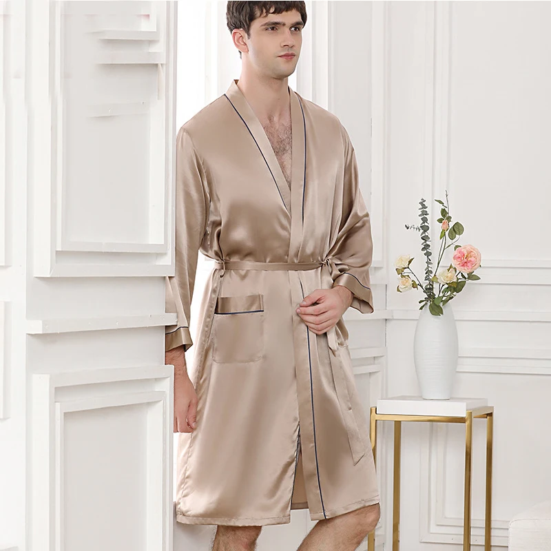 19 мм 100% натуральные шелковые халаты мужские простые домашние халаты с длинным рукавом повседневная Пижама мужская мода элегантность мужской халат Новый