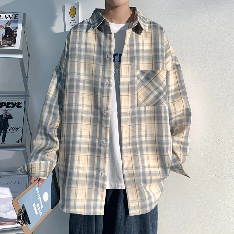 2023, Весенне-осенняя хлопковая одежда с длинным рукавом, мужские модные рубашки в клетку в стиле ретро, мужская Корейская свободная повседневная блузка оверсайз Y117