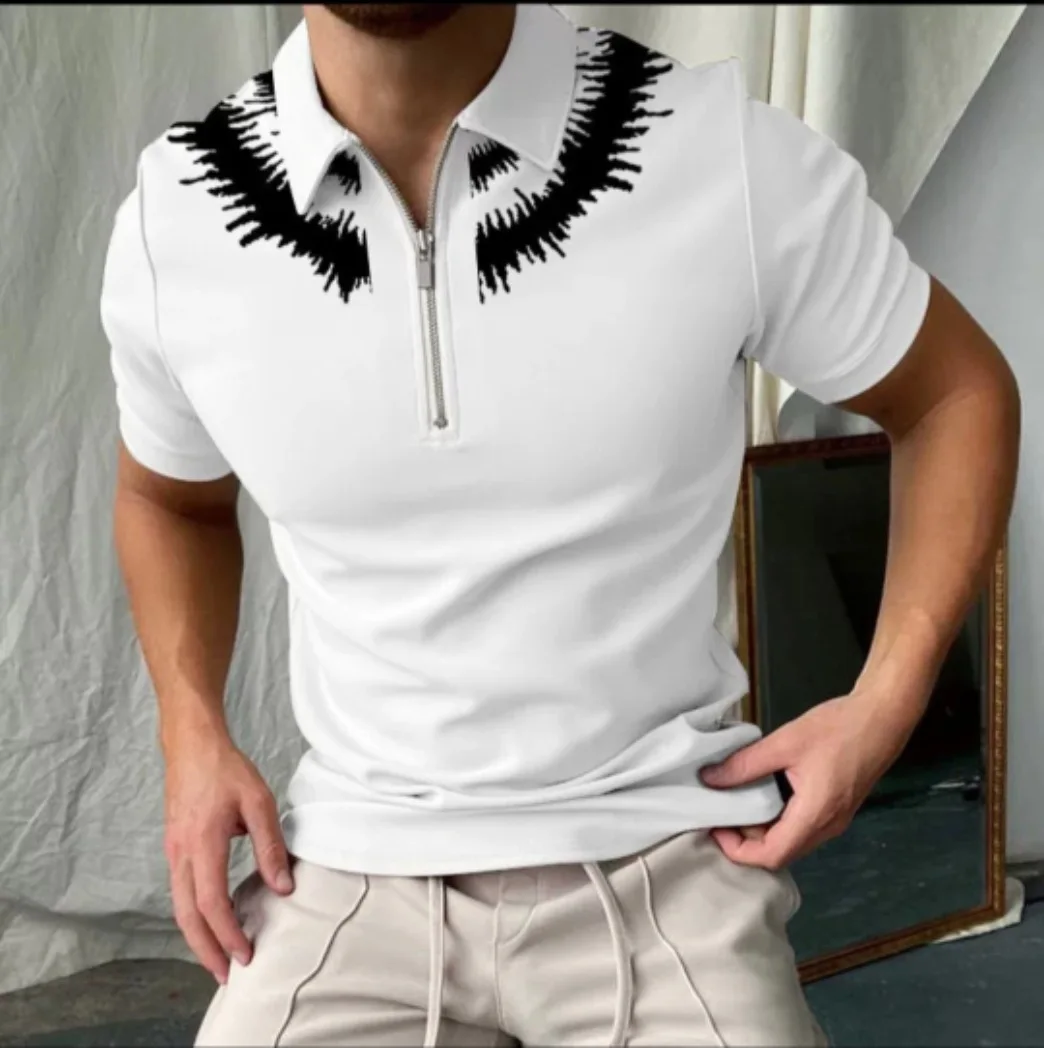 2023 Новая мужская рубашка-поло с принтом на молнии с 3D цифровым принтом, Свободная футболка с коротким рукавом, мужской топ