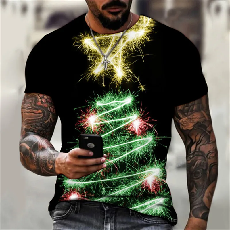 2023 новая популярная рождественская елка, праздничная мужская модная футболка с коротким рукавом и круглым вырезом, топ оверсайз, повседневные мужские свободные топы