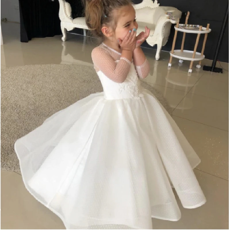 2023 Платья цветочниц для свадебной вечеринки, белые платья для первого причастия с длинными рукавами длиной до пола, платья для Дня рождения принцессы