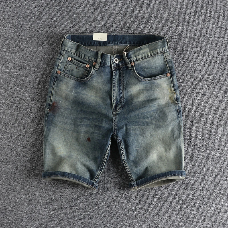 397 # Летние Новые джинсовые шорты в американском стиле в стиле ретро, мужская мода, 97% хлопок, Выстиранные Старые эластичные прямые повседневные брюки с 5 точками