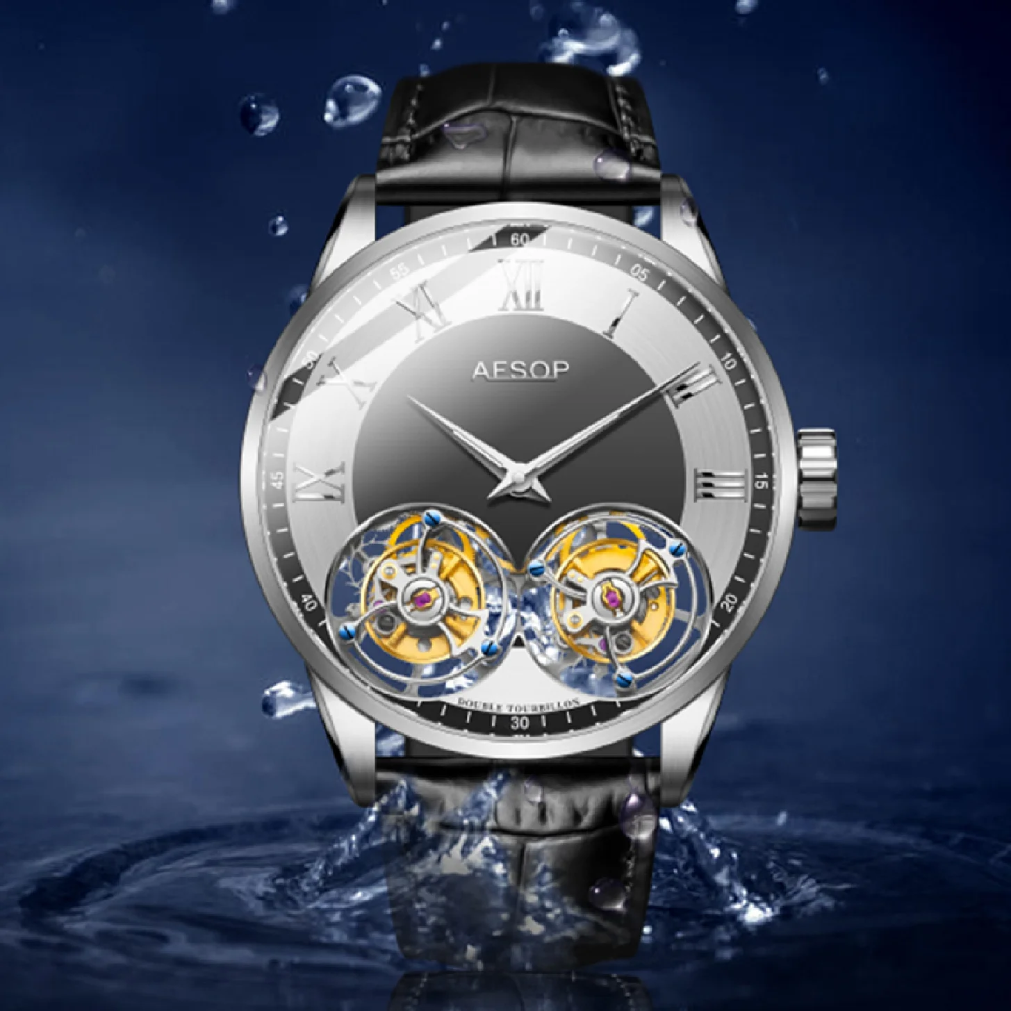 AESOP Новые мужские водонепроницаемые механические часы Double Flying Tourbillon, мужские часы с поворотным скелетоном, роскошные наручные часы для мужчин