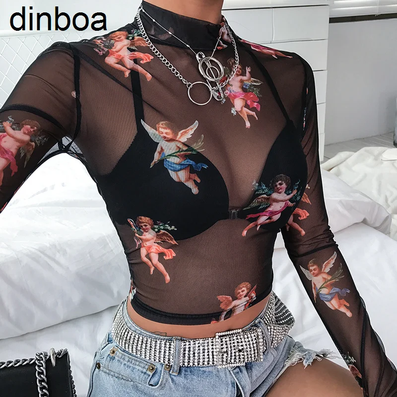 Dinboa Женские Сексуальные Прозрачные сетчатые топы с принтом Ангела, Тонкая Весенняя Водолазка с длинным рукавом, женская футболка