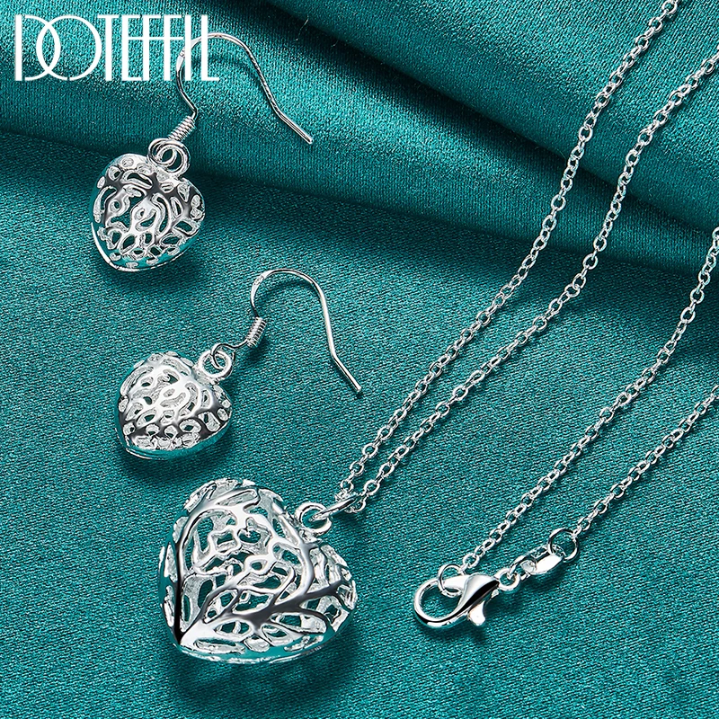DOTEFFIL, 2 шт., ожерелье с подвеской в виде полого сердца из стерлингового серебра 925 пробы, Серьги, Набор для женщин, мужчин, Свадебные Украшения для помолвки