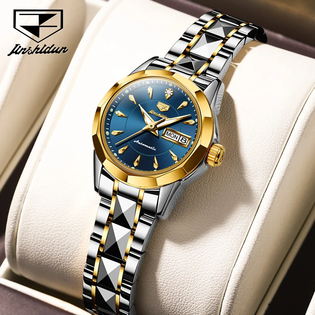 JSDUN Автоматические часы для женщин Классические Бриллиантовые женские Механические наручные часы из вольфрамовой стали с сапфировым зеркалом от лучшего бренда в Подарок
