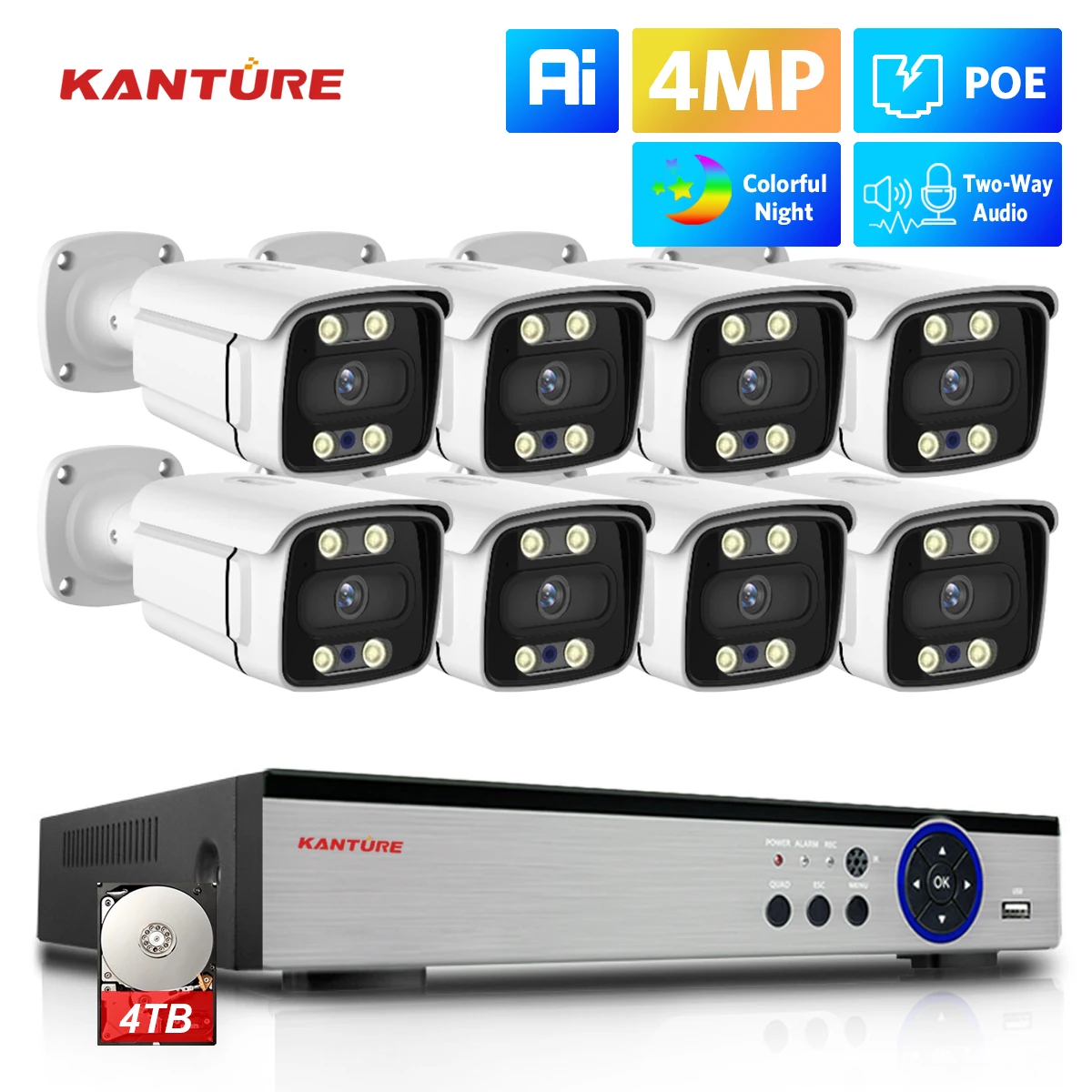 KANTURE 8CH 4K CCTV POE NVR 4MP Ai Human Detect Двухсторонний Аудио Цветной Ночной Фотоаппарат Безопасности Система Наружного Видеонаблюдения Комплект