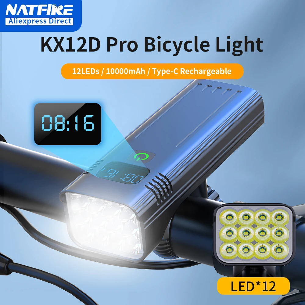 NATFIRE 12 Светодиодный Велосипедный Фонарь 4800 Люмен USB C Перезаряжаемый Алюминиевый MTB Велосипедный Фонарь 10000 мАч Power Bank Фара от 6 до 12 светодиодов