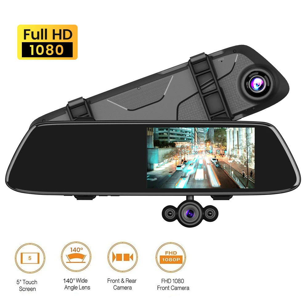 Navifly 5-дюймовый сенсорный экран 1080P HD Автомобильный видеорегистратор Камера видеомагнитофона Передняя камера заднего вида Монитор с двумя объективами Поддержка ночного видения GPS