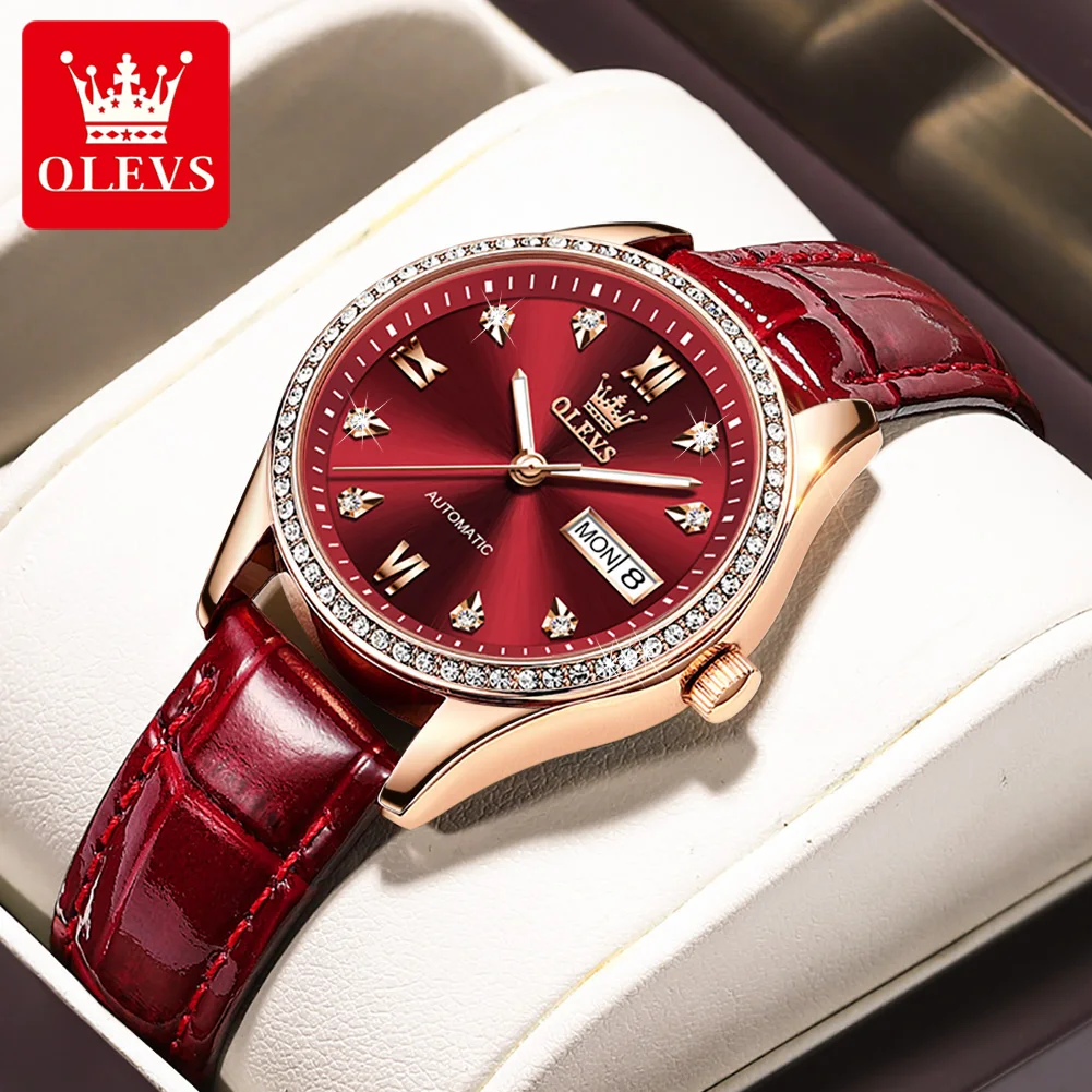 OLEVS 6637 Модные Автоматические механические часы для женщин, водонепроницаемый ремешок из натуральной кожи, Высококачественные Женские наручные часы со светящимся