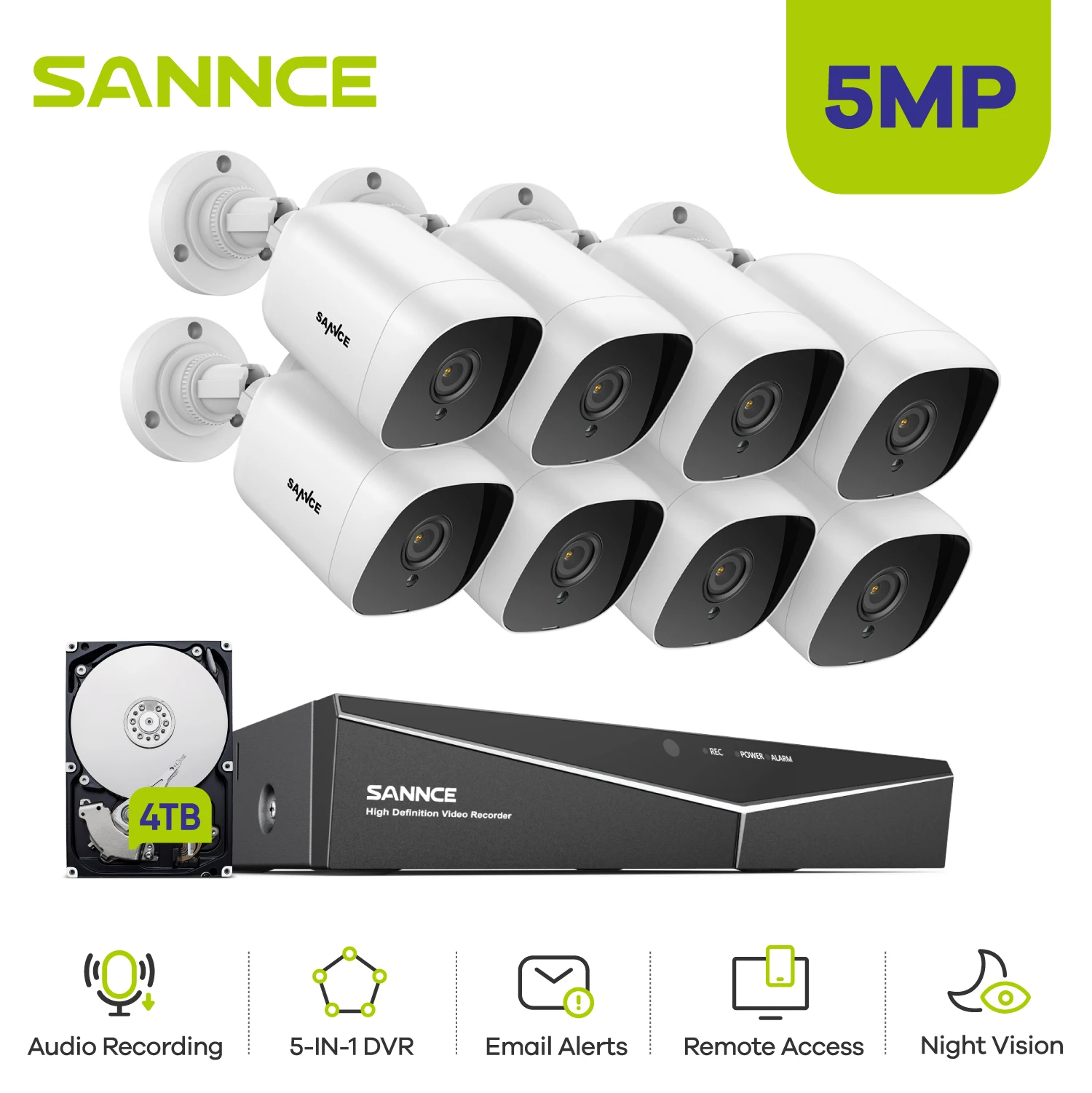 SANNCE 8CH 5MP-N HD DVR Система Домашней Камеры Безопасности 8шт 5-Мегапиксельная Инфракрасная Камера Ночного Видения IP66 Наружные Камеры Искусственного Интеллекта Комплект Видеонаблюдения