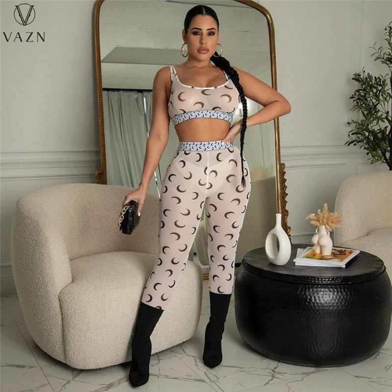 VAZN 2022 Модный женский сексуальный топ в стиле Movement без рукавов с круглым вырезом, эластичные длинные брюки с принтом, обтягивающие комплекты из двух предметов
