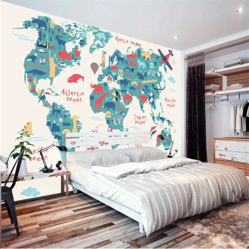 wellyu Заказная большая фреска мультяшная версия карты мира фоновая стена детской комнаты фреска детского сада