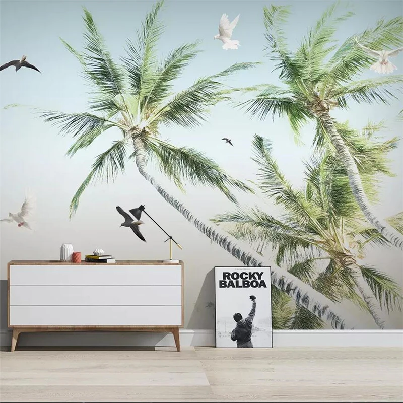wellyu Ручная роспись кокосовой пальмы, приморское море, современный минималистичный ТВ-фон, настенная роспись, большие настенные обои на заказ