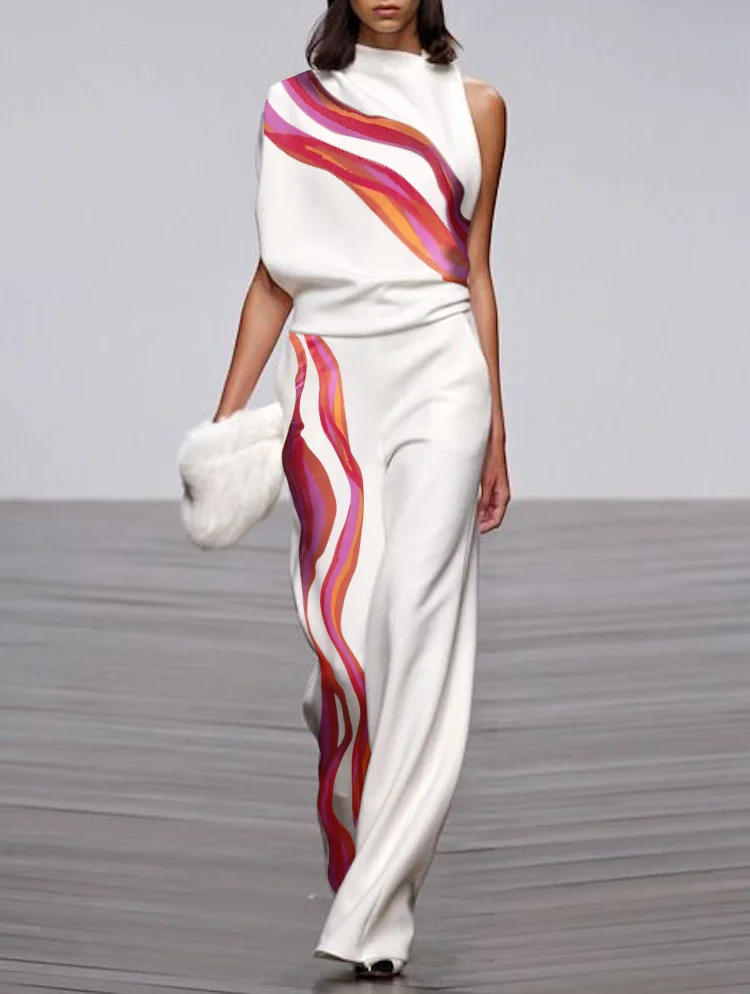 Yeezzi, женские модные асимметричные топы без рукавов на одно плечо в полоску, Широкие брюки, Элегантные вечерние комплекты из двух предметов для женщин
