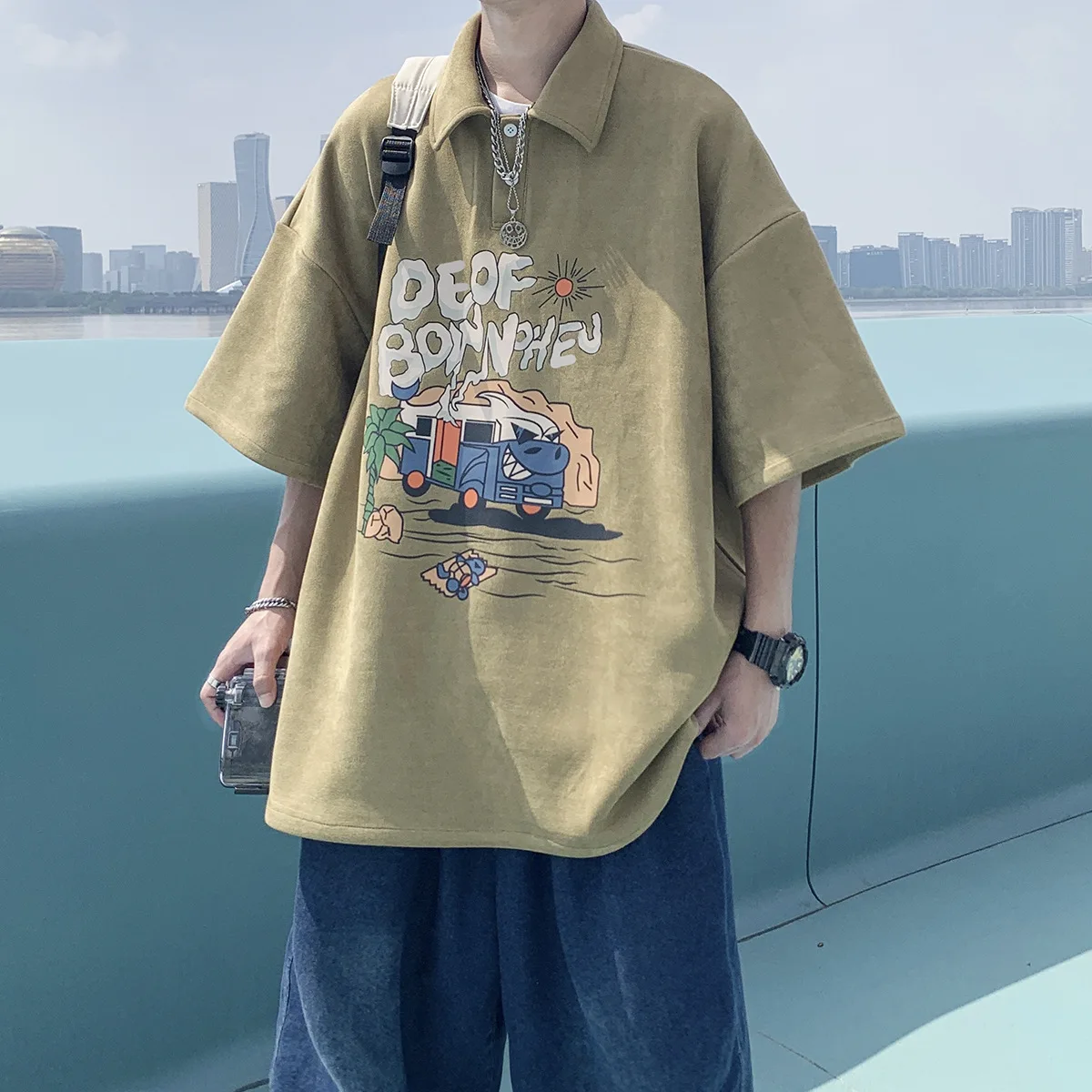 Американская рубашка поло, мужская летняя уличная рубашка с короткими рукавами, модная брендовая свободная японская футболка