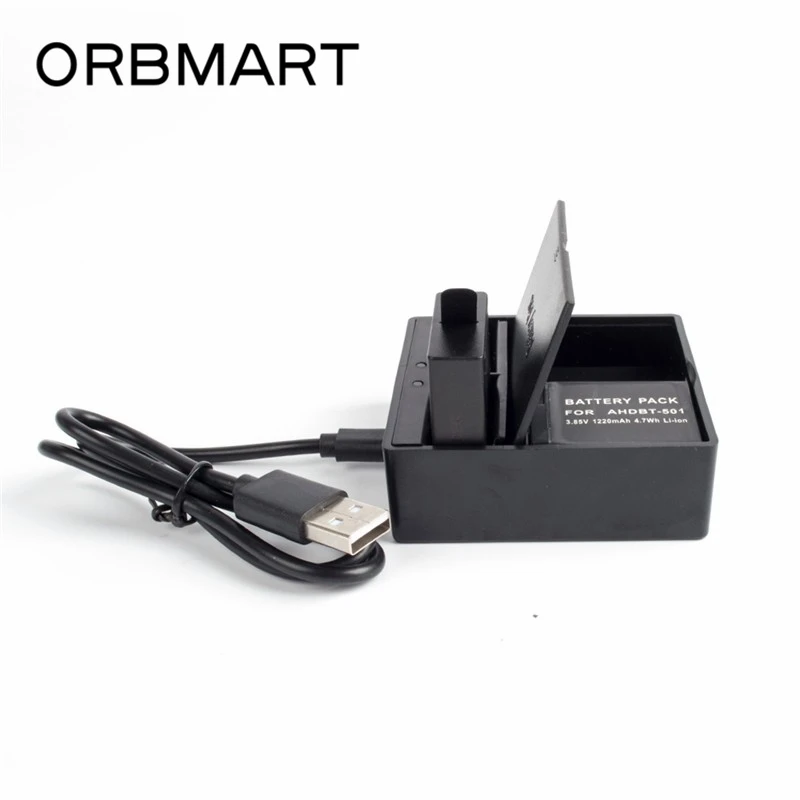 Беспроводное зарядное устройство ORBMART Duouble с двумя портами для Go Pro Gopro Hero 5 6 7, аксессуары для экшн-камеры черного цвета с USB-кабелем, батарейный отсек