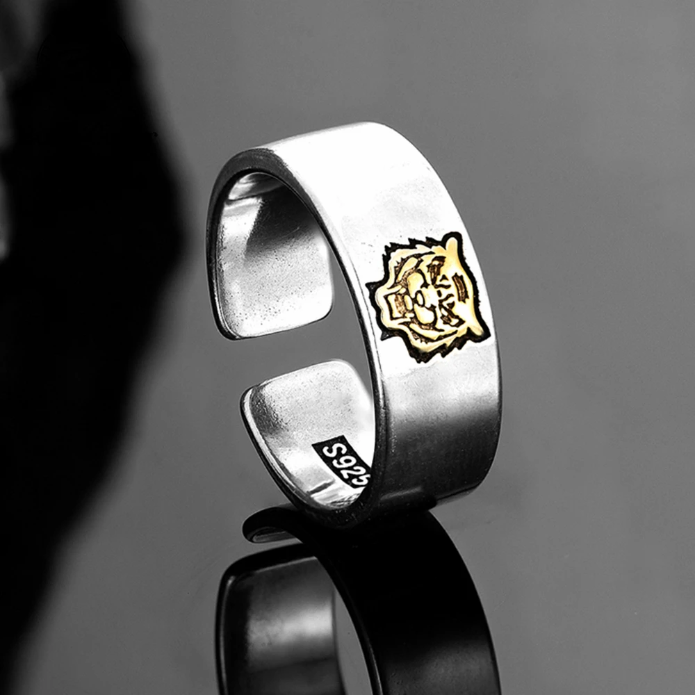 Винтажные серебряные кольца с золотым тигром для мужчин и женщин, посеребренные регулируемые кольца со штампом для пар, ювелирные подарки