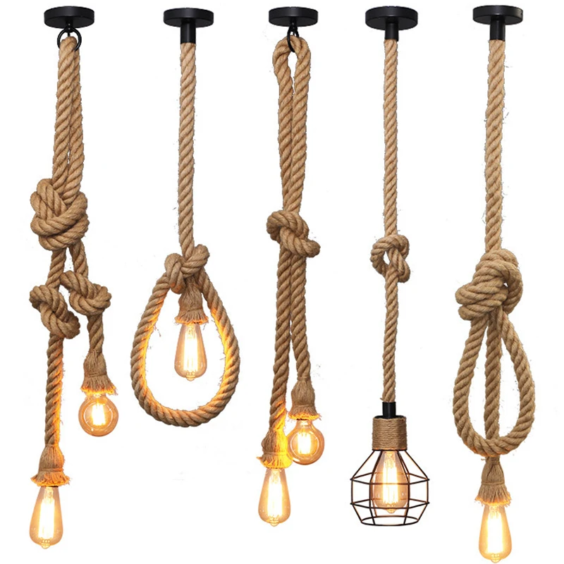Винтажный подвесной светильник из пеньковой веревки в стиле ретро Лофт с одной головкой и двумя головками, Подвесной промышленный светильник Edison 