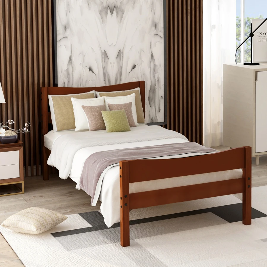 Деревянная кровать-платформа двойного размера с изголовьем и деревянной планкой-опорой