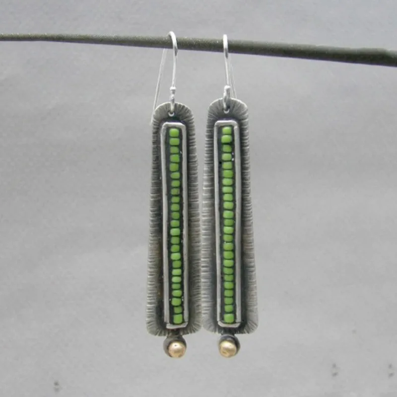 Длинные висячие серьги с зеленым бисером, этнические винтажные серьги в стиле бохо, металлические серьги серебряного цвета для женских ювелирных изделий aretes