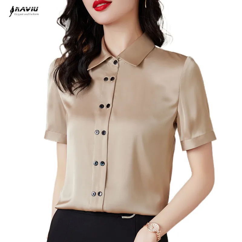 Женская летняя атласная рубашка NAVIU с коротким рукавом, новый дизайн, Двубортная классическая мода С официальными блузками, Офисные женские рабочие топы