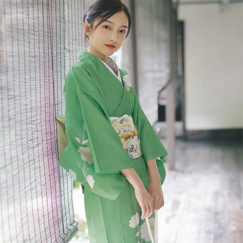 Женское длинное платье в стиле ретро Зеленого цвета Японское традиционное кимоно Одежда для фотосъемки Косплей Костюм Классический халат Юката