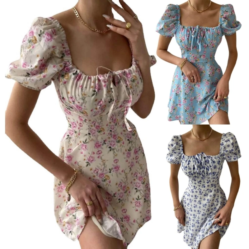 Женское летнее мини-платье трапециевидной формы с коротким рукавом и квадратным вырезом спереди, винтажные платья-качели с цветочным принтом и высокой талией N7YD