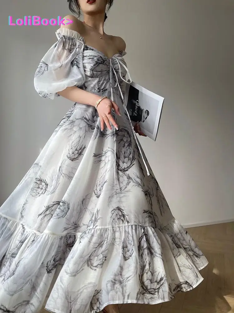 Женское Французское Винтажное вечернее платье Миди для вечеринок, Женское платье с пышными рукавами в Корейском стиле, платье с открытой спиной, Летнее Пляжное сексуальное платье с цветочным рисунком,
