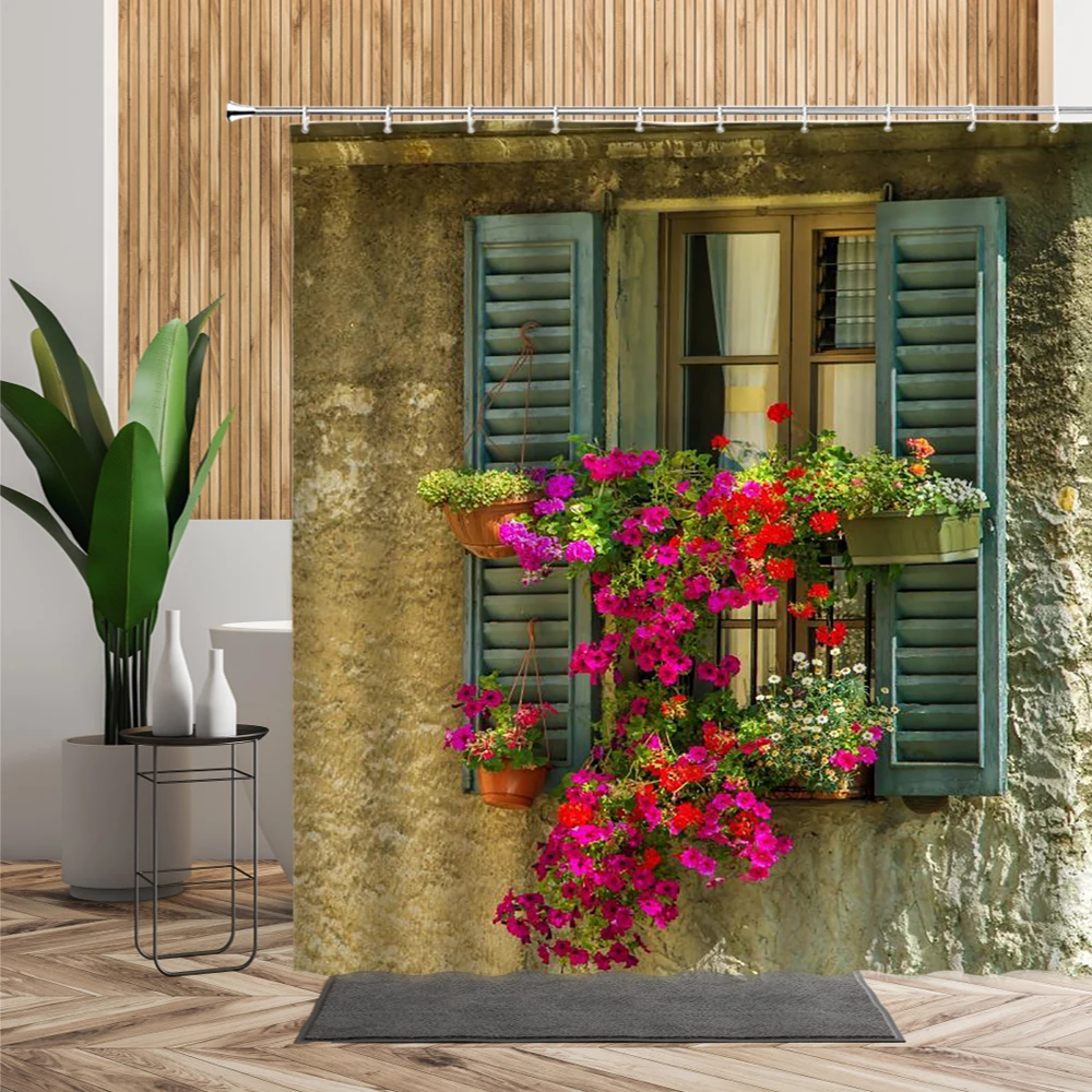 Занавеска для душа с цветами на окне в стиле ретро, Винтажный Фон для деревянной двери, Аксессуары для ванной комнаты, водонепроницаемые занавески для ванны с крючком
