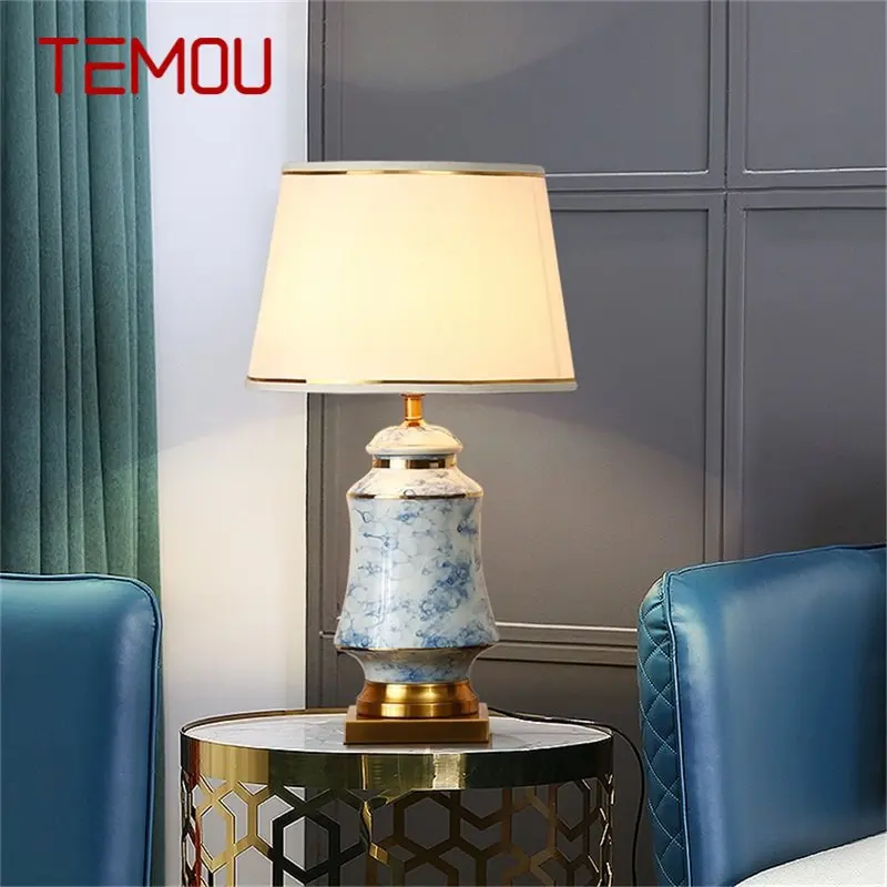 Керамические настольные лампы TEMOU, настольная лампа из синей латуни, современная роскошная ткань, декоративная для дома, гостиной, столовой, спальни