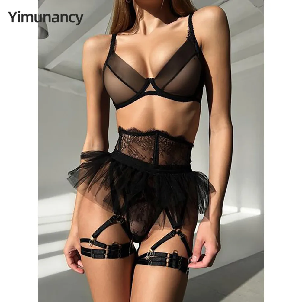 Комплект нижнего белья из сетки Yimunancy, женское прозрачное бальное платье, Экзотический комплект с подвязками в стиле пэчворк, черный сексуальный комплект нижнего белья из 4 предметов