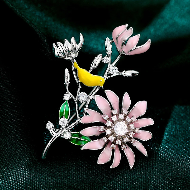 Креативная брошь SUYU с медной микро-инкрустацией из кубического циркония градиентного цвета, цветок и птица, женские свадебные аксессуары, подарки