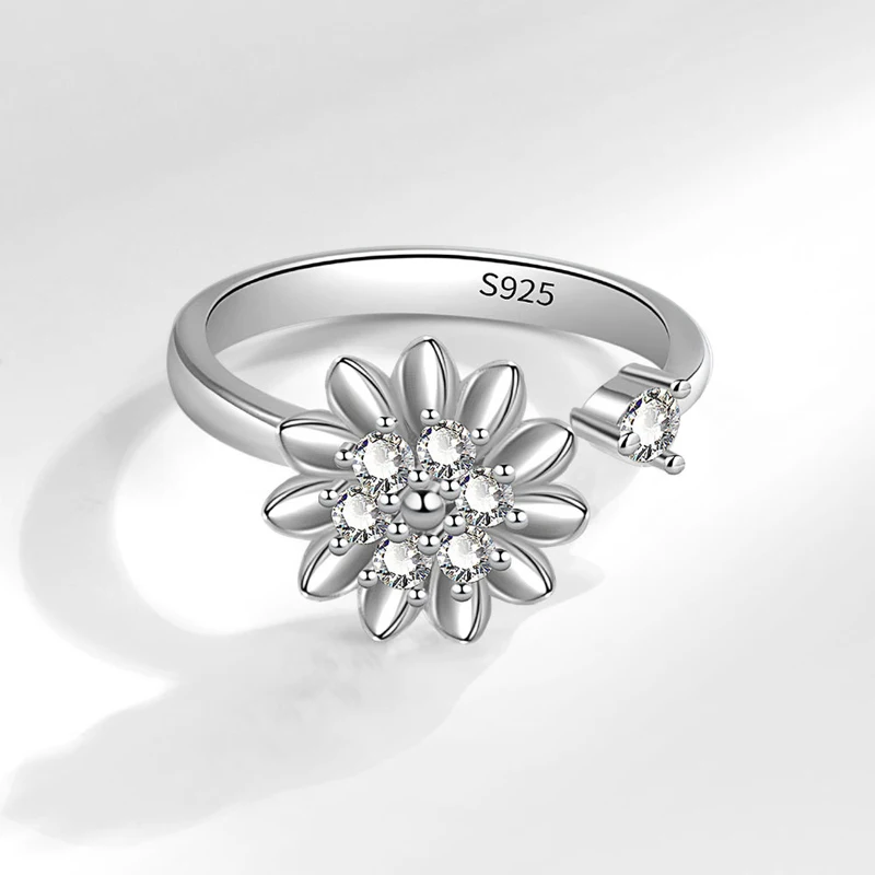 Креативное вращающееся кольцо KOFSAC для женщин, модный подарок, Кольца с цирконом и подсолнухом, Открытый размер, ювелирные изделия из стерлингового серебра 925 пробы