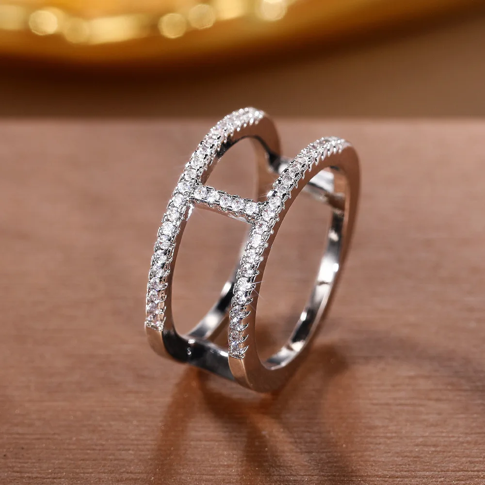 Креативное двухслойное кольцо геометрического серебряного цвета с фианитами, блестящие кольца на палец для женщин, хрустальное обручальное кольцо, Корейские изысканные ювелирные изделия