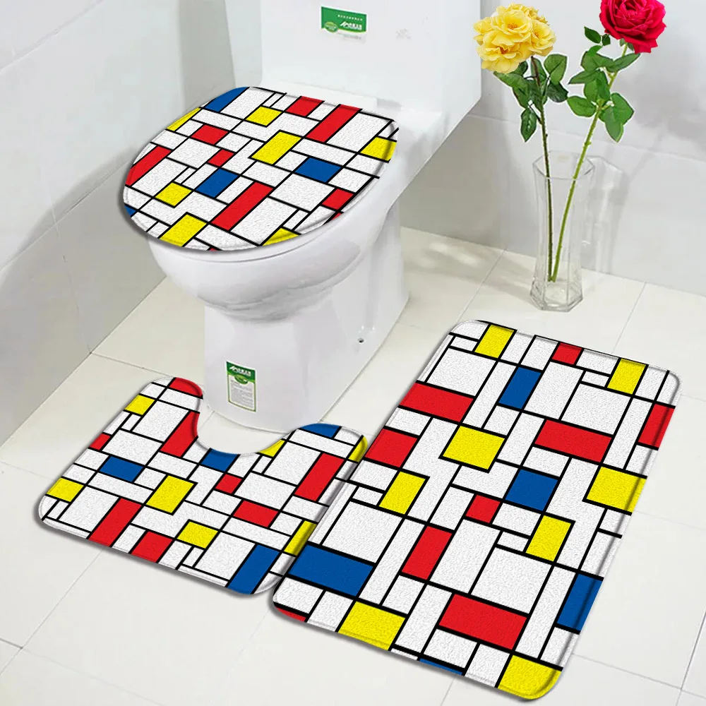 Креативные геометрические наборы ковриков для ванной с черными линиями, синим, красным, желтым, белым рисунком, современный декор ванной комнаты, нескользящие коврики, крышка унитаза