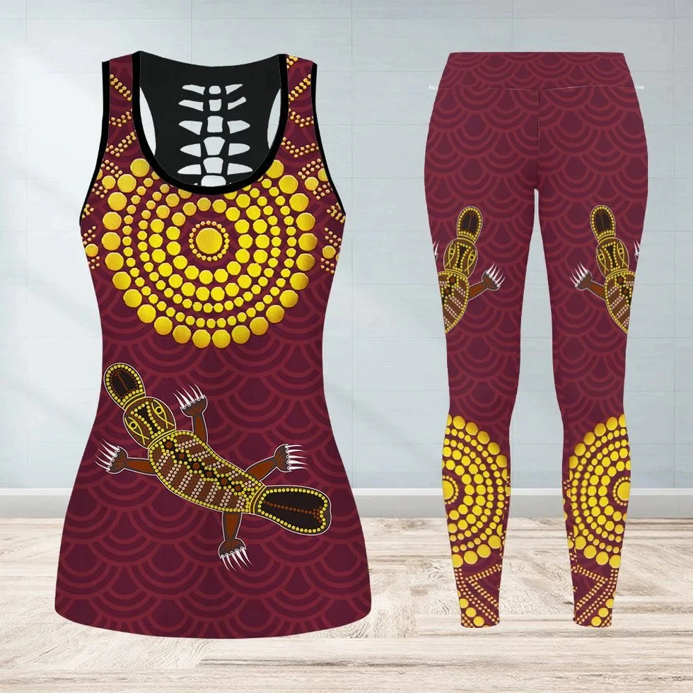 Крутые леггинсы с принтом от аборигенов по всему телу + костюм для йоги с полой майкой
