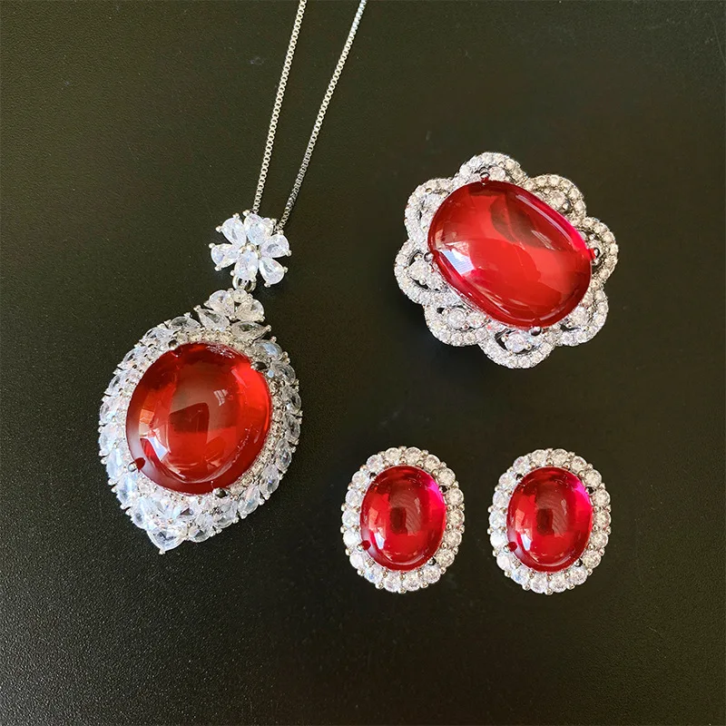 Лаборатория создала ювелирный набор с овальным рубином и кубическим цирконием для женщин, ожерелье с подвеской из серебряного сплава, серьги-гвоздики, кольцо, бесплатная доставка, роскошь