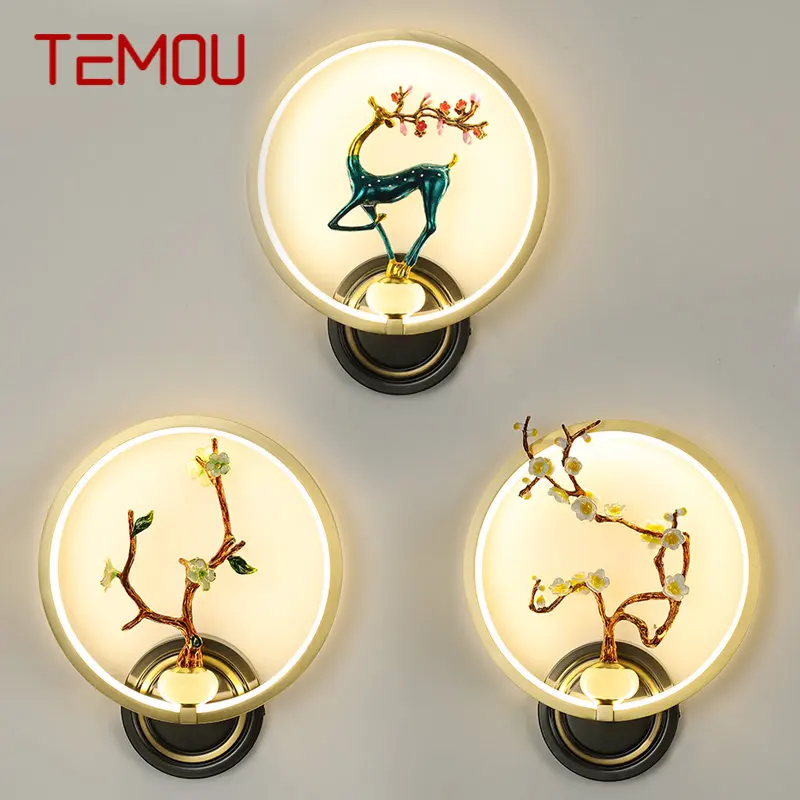 Латунный настенный светильник TEMOU LED 3 цвета, современные цветы, олень, медные бра для декора гостиной, коридора