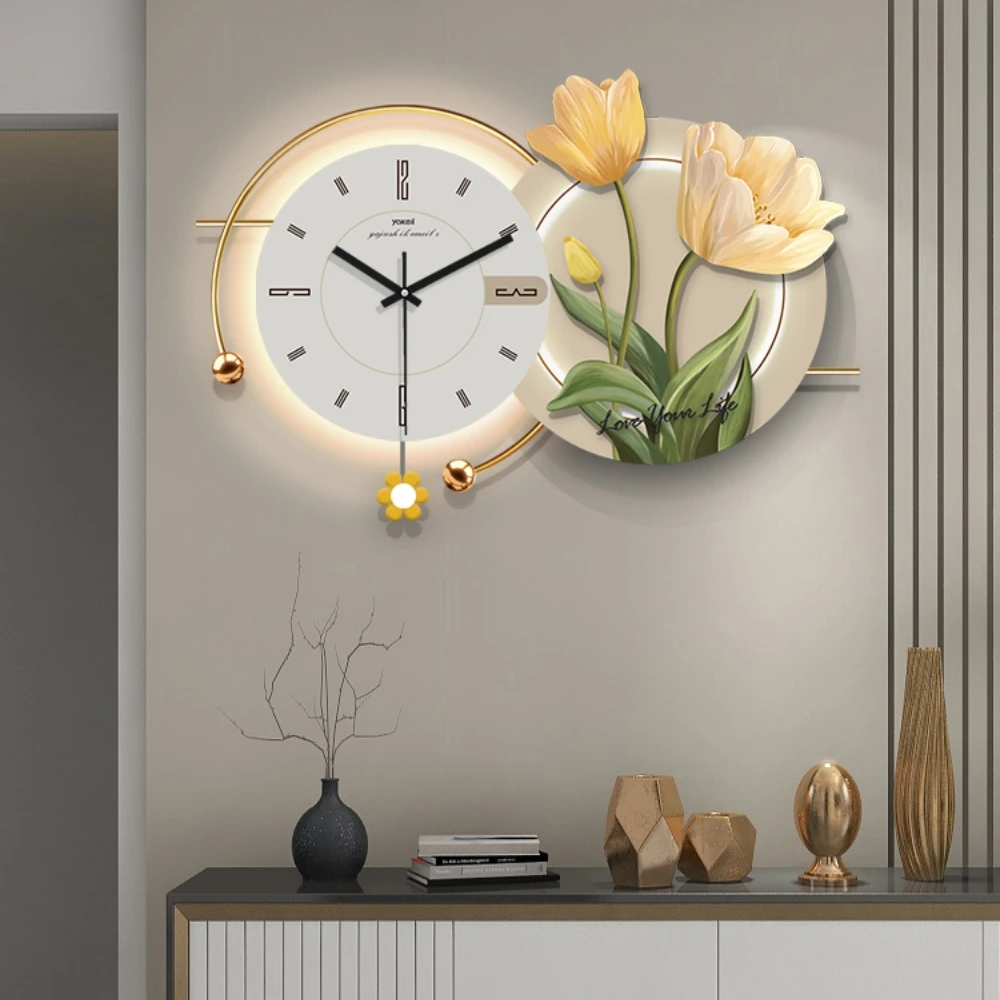 Легкие роскошные настенные часы современный минимализм часы для гостиной мода креативное украшение ресторана цветами подвесные часы с картиной