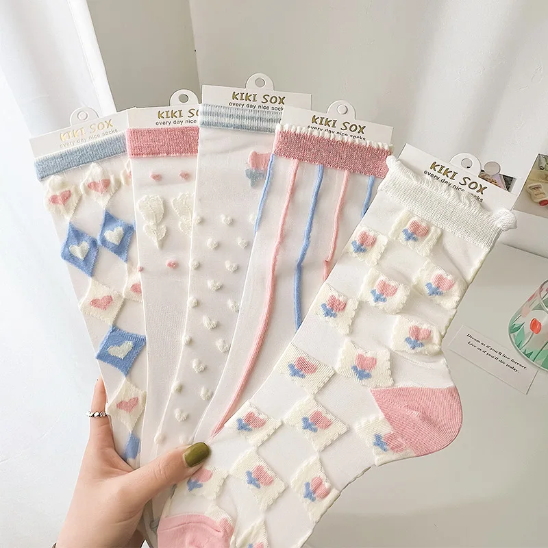 Летние тонкие шелковые носки Love из прозрачного стекла для женщин Ins Модные японские дышащие носки средней длины с милыми цветами