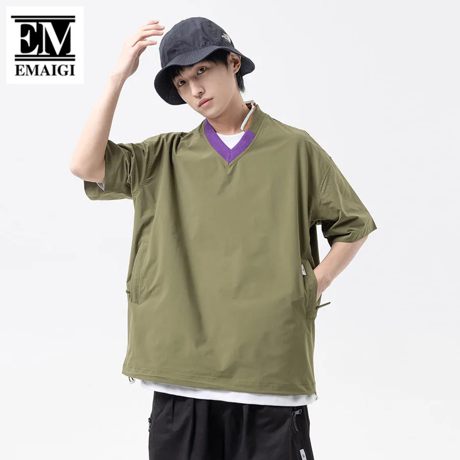 Летний мужской пуловер с V-образным вырезом и коротким рукавом, Японские винтажные свободные модные футболки для улицы, футболка Cityboy Streetwear