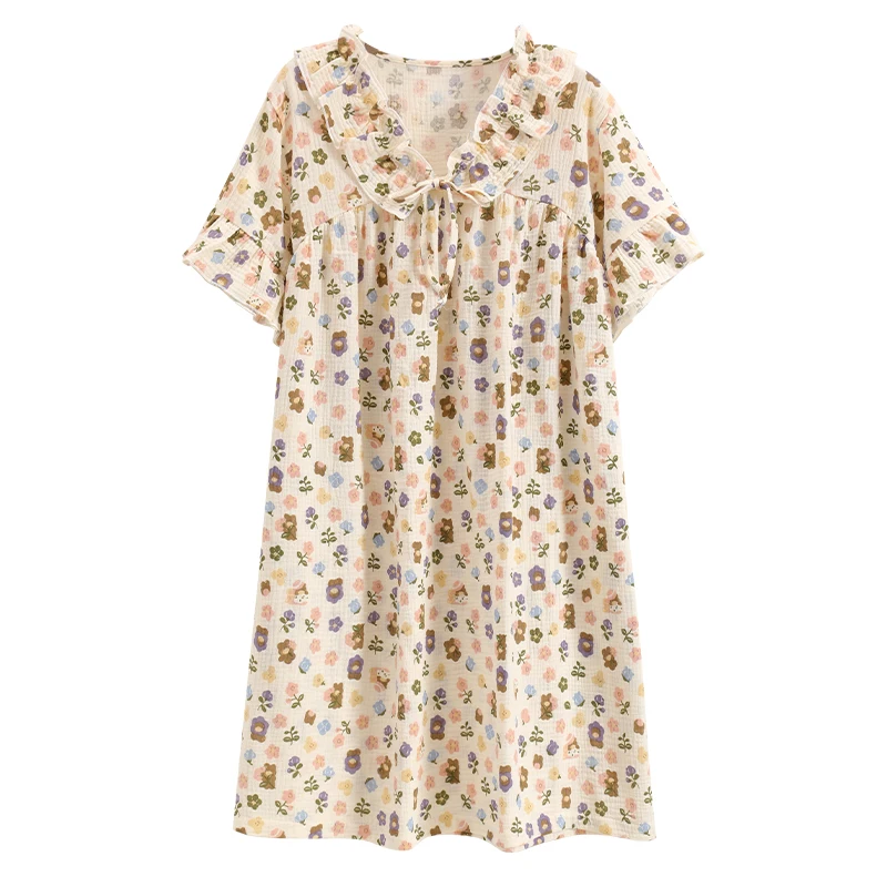 Летняя ночная рубашка из хлопка и льна, женская пижама, Комплект с цветочным рисунком, Домашнее платье