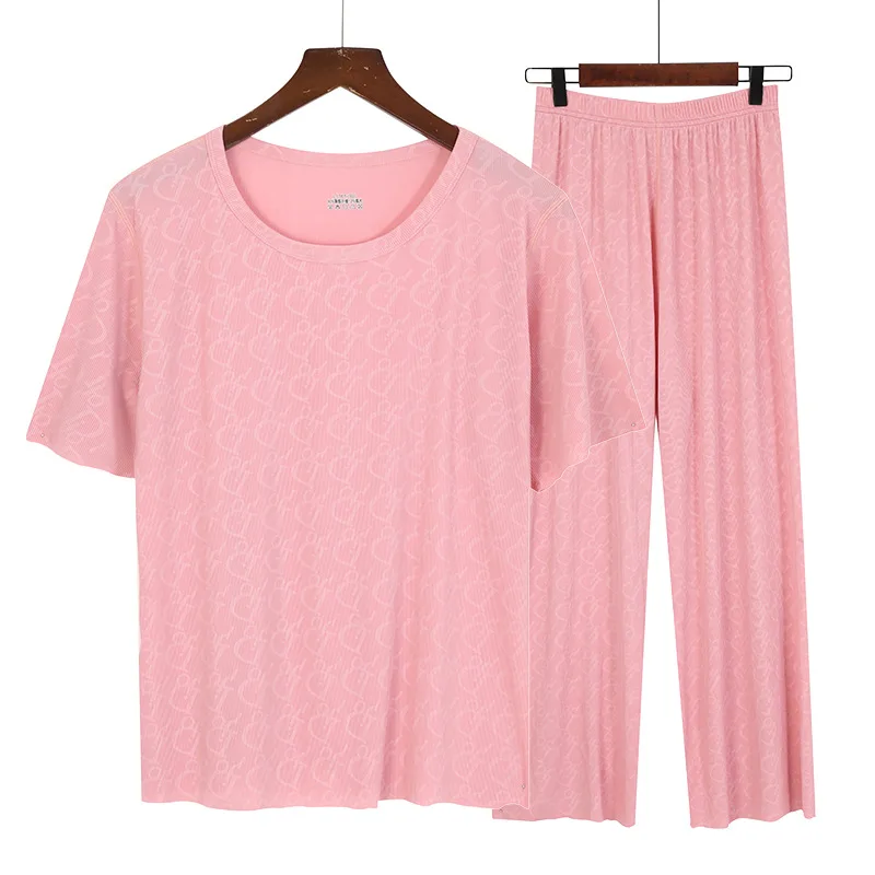 Лето 2023, Женский тонкий пижамный комплект, пуловер с коротким рукавом, футболка и брюки с эластичной резинкой на талии, Розовая, черная женская одежда для сна