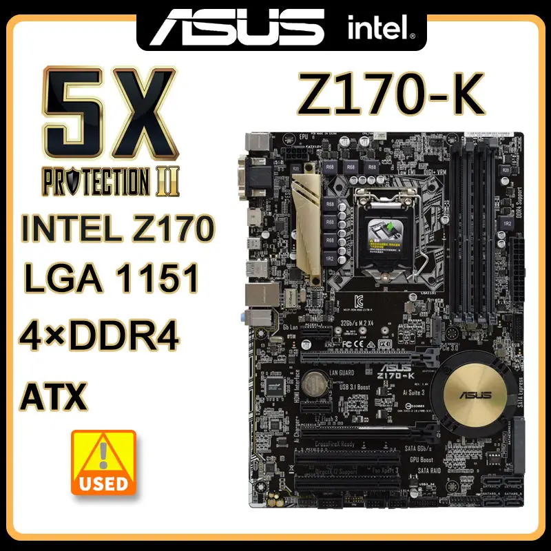Материнская плата LGA 1151 DDR4 Asus Z170-K 64GB USB3.1 M.2 PCI-E 3.0 SATA 3 ATX Intel Z170 Материнская плата для процессора Core i5-7500 шестого поколения