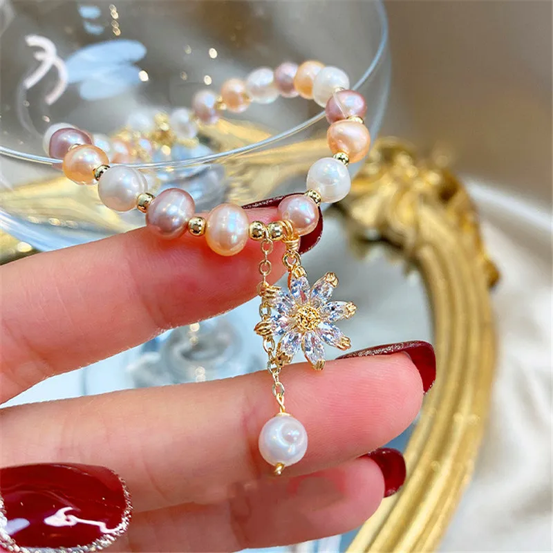 Милый женский браслет с белым жемчугом, роскошный браслет с цветами и снежинками из желтого золота, Большие Круглые Свадебные браслеты для женщин
