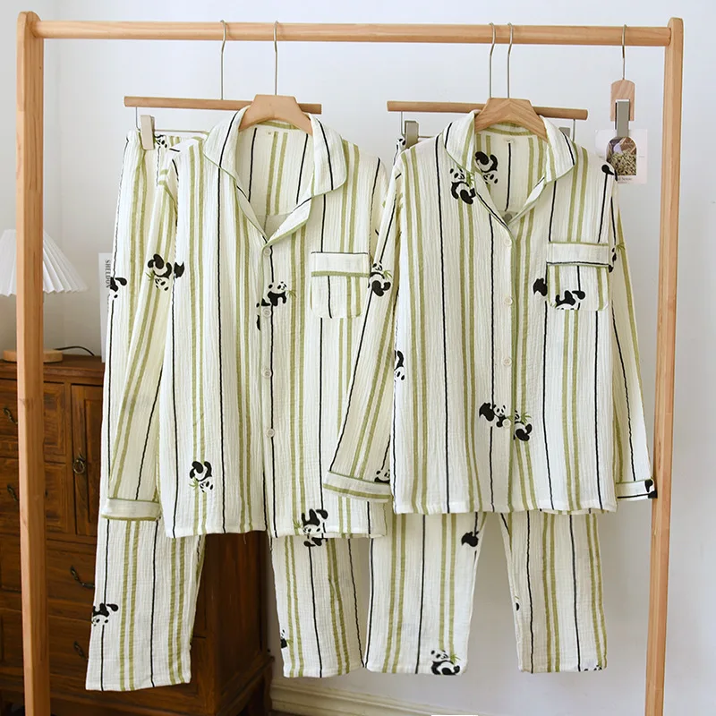 Модная полосатая панда, пижамные комплекты из 100% марлевого хлопка для влюбленных, женские мужские летние повседневные пижамы с длинным рукавом, пижамы