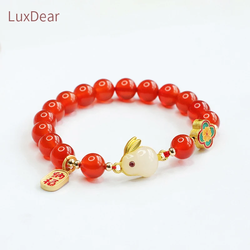 Модные Агатовые бусины Китайский Новогодний браслет с кроликом Нафу Ювелирный подарок