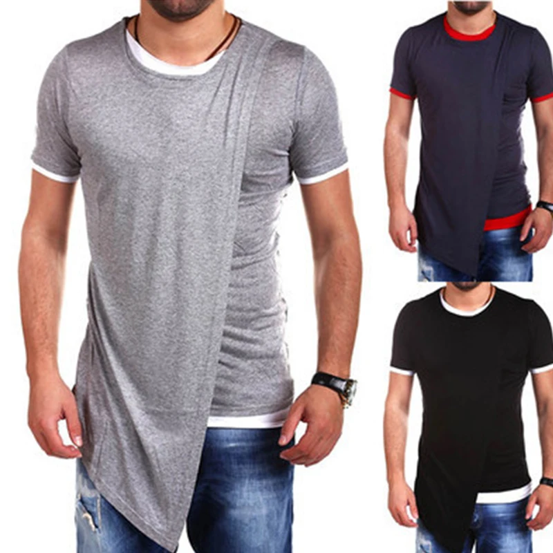 Мужская футболка LUCLESAM с круглым вырезом, сшитая из двух частей, нерегулярная накидка с короткими рукавами, летняя новая трендовая футболка для мужчин