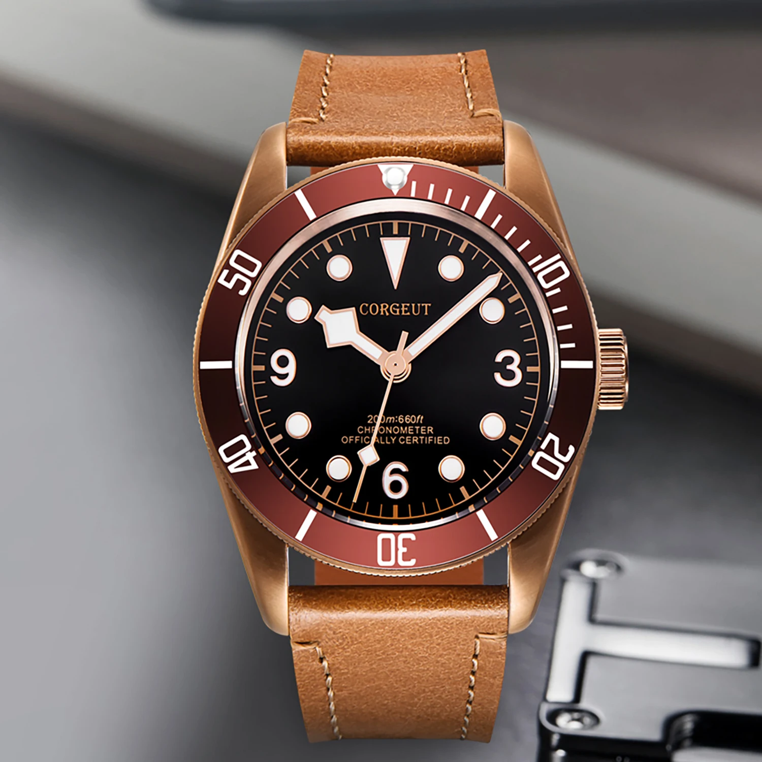 Мужские автоматические наручные часы Corgeut, циферблат с сапфировой поверхностью, кожаный ремешок из воловьей кожи, светящиеся водонепроницаемые спортивные Механические мужские часы
